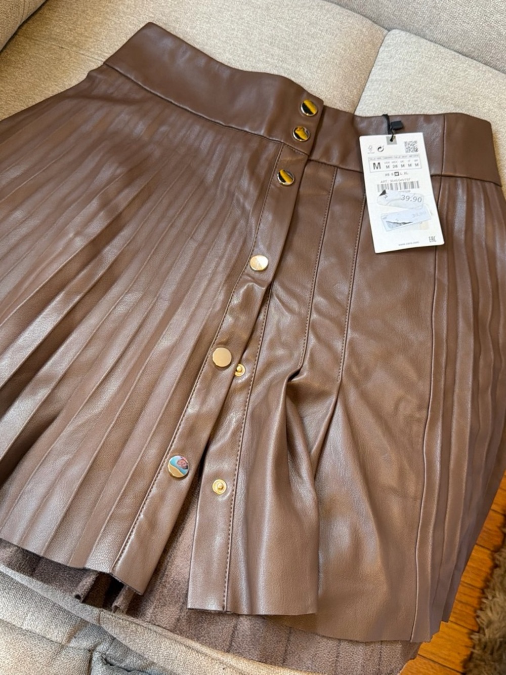 Zara Brown Faux Leather Pleated Mini Skirt
